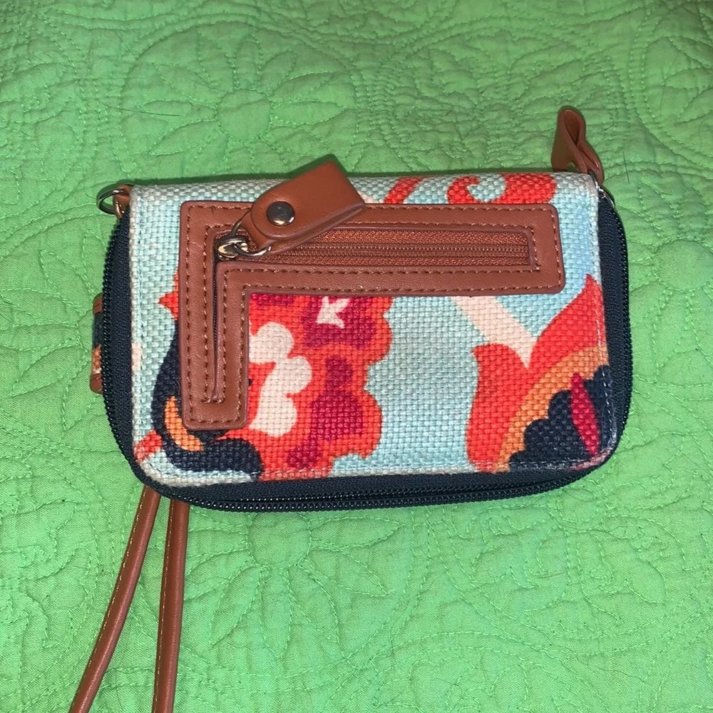 Spartina 449 Brown Leather Wristlet Wallet with Multicolor Floral Trim